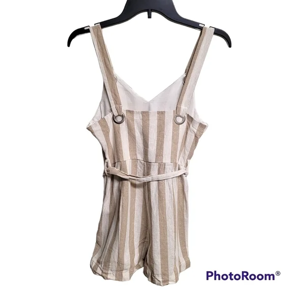 Coco‎ + Jaimeson White And Tan Striped Tie Waist Linen Romper - Picture 3 of 7